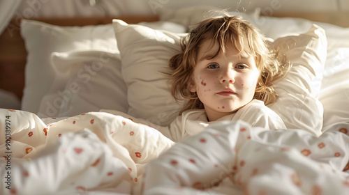 Young child with chicken pox playing in bed at home while isolated for quarantine due to illness
