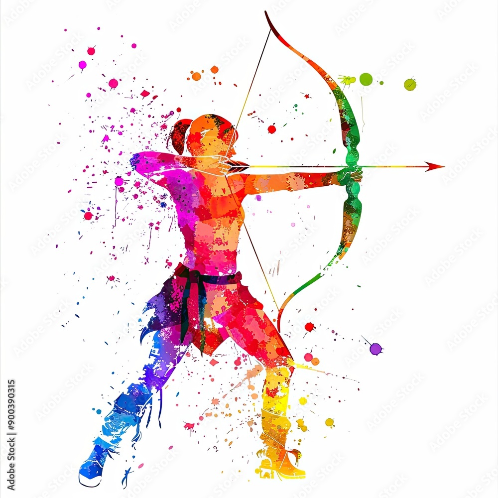 Fototapeta premium A vibrant watercolor illustration shows a female archer drawing a bow, with colorful splashes on a white background, adding motion and energy.