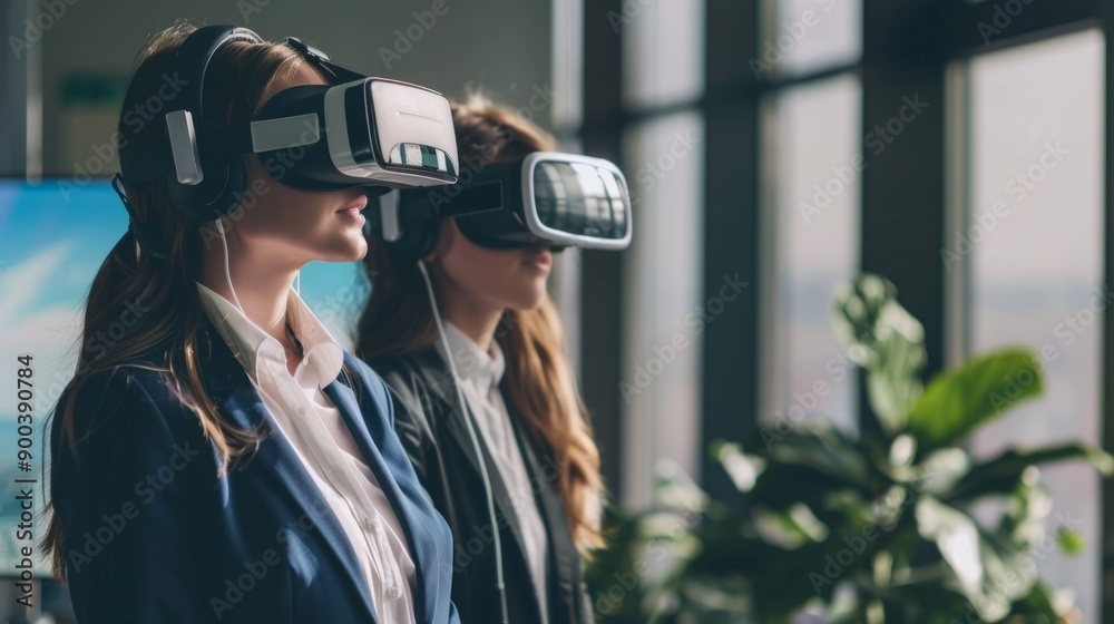 Fototapeta premium Two women wearing VR headsets are looking at a screen