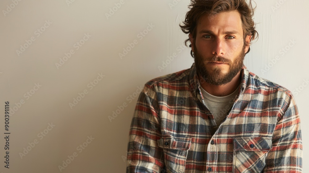 A man with a beard and a plaid shirt, standing confidently against a white background, embodying rugged style A man with a beard and a plaid shirt, standing confidently against a white background, embodying rugged style