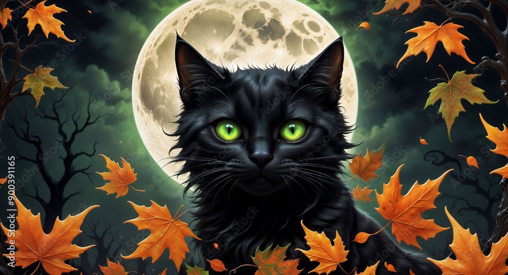 Enjoy the magical scene of a black cat on an autumn night, illuminated by the full moons glow