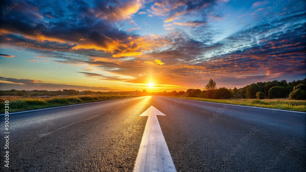 Direction arrow on a highway captured at dawn, symbolizing new beginnings and early morning journeys, representing fresh starts and the promise of a new day in highway travel Direction arrow on a highway captured at dawn, symbolizing new beginnings and early morning journeys, representing fresh starts and the promise of a new day in highway travel