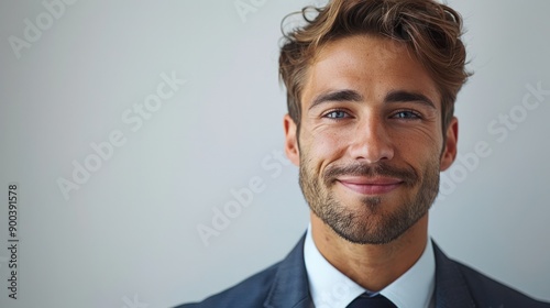 A man in a wedding suit, smiling gently against a white background, perfect for a formal event