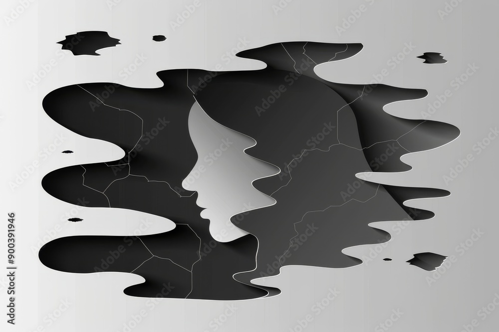 Obraz premium Monochromatic profile with abstract wavy layers shades of black and grey detailed and imaginative conceptual and artistic design digital illustration
