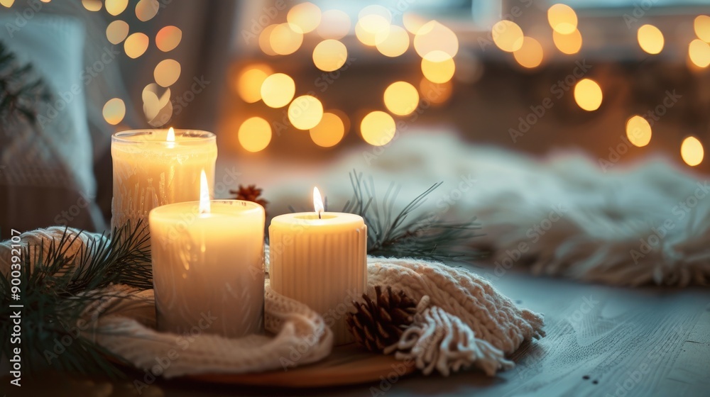 Cozy holiday evening with candles and festive decorations Cozy holiday evening with candles and festive decorations
