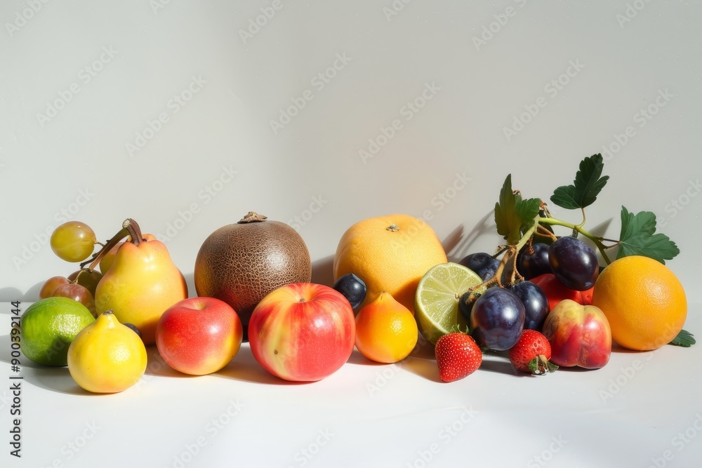 variety of fruits are arranged on white surface, collection of various colorful fruits placed on white surface