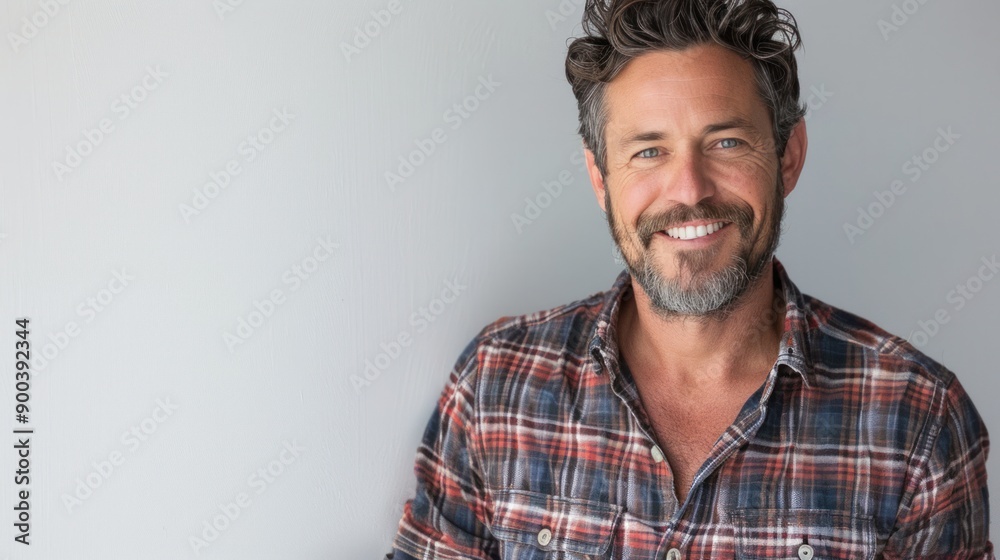 A man in a casual plaid shirt, smiling warmly against a white background, capturing a friendly and approachable demeanor A man in a casual plaid shirt, smiling warmly against a white background, capturing a friendly and approachable demeanor