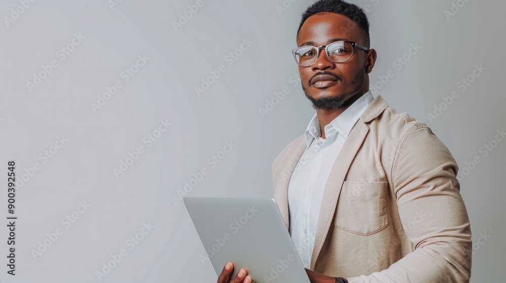 A man in a business casual outfit, holding a laptop against a white background, representing modern work culture A man in a business casual outfit, holding a laptop against a white background, representing modern work culture