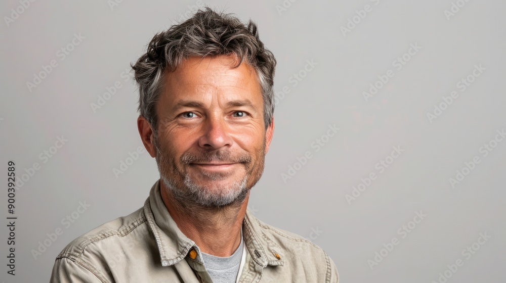 A man in a casual button-down shirt, smiling confidently against a white background, ideal for casual portraits A man in a casual button-down shirt, smiling confidently against a white background, ideal for casual portraits