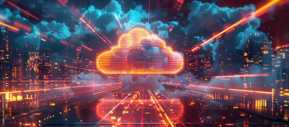 Holographic Digital Cloud in Futuristic Cityscape: Concept for Technology and Innovation Design Holographic Digital Cloud in Futuristic Cityscape: Concept for Technology and Innovation Design