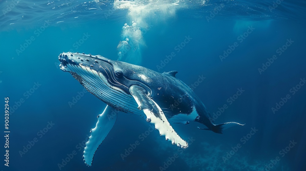 Fototapeta premium Humpback whale playfully swimming in clear blue ocean while blowing bubblesHumpback whale playfully swimming in clear blue ocean 