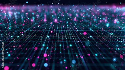 Digital information flow. Abstract background featuring a grid pattern with vibrant blue and pink lights, representing the transfer of digital information.