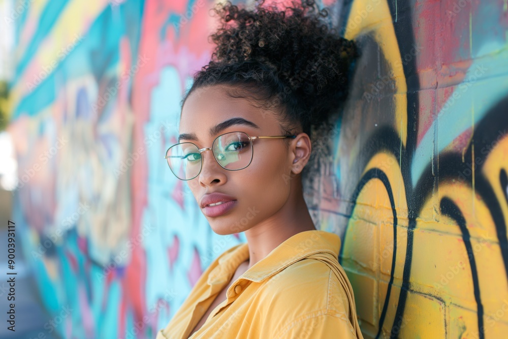 Young African woman with curly hair and glasses leaning against a graffiti-covered wall, wearing a yellow shirt, looking at the camera with a serious expression, urban setting in bright daylight Young African woman with curly hair and glasses leaning against a graffiti-covered wall, wearing a yellow shirt, looking at the camera with a serious expression, urban setting in bright daylight