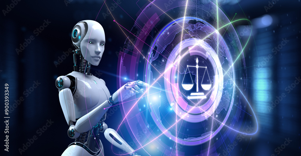 Fototapeta premium Law Lawyer jurisprudence concept. Robot pressing button on screen 3d render.