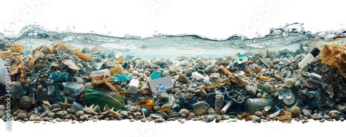 A disturbing view of aquatic pollution showcasing plastic waste and debris submerged in water, highlighting environmental issues.
