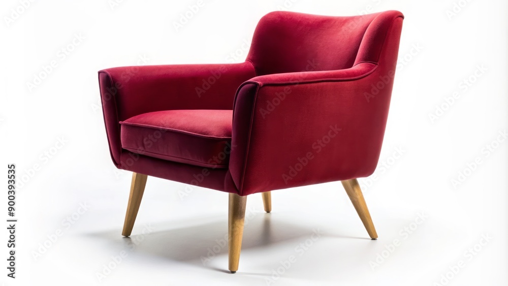 Obraz premium Single, sleek, modern armchair with curved wooden legs and soft, crimson velvet upholstery, perfectly lit on a pure white background.