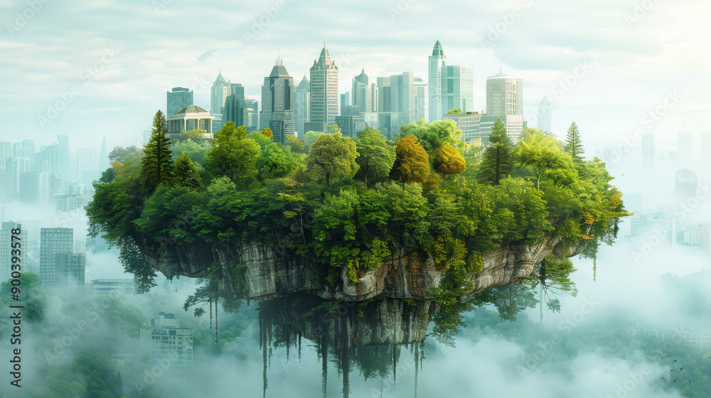 A floating island skyline of a modern city surrounded by waterfalls and tropical forests above a city of mist and clouds below. A city of the future with good technology and environmental quality A floating island skyline of a modern city surrounded by waterfalls and tropical forests above a city of mist and clouds below. A city of the future with good technology and environmental quality