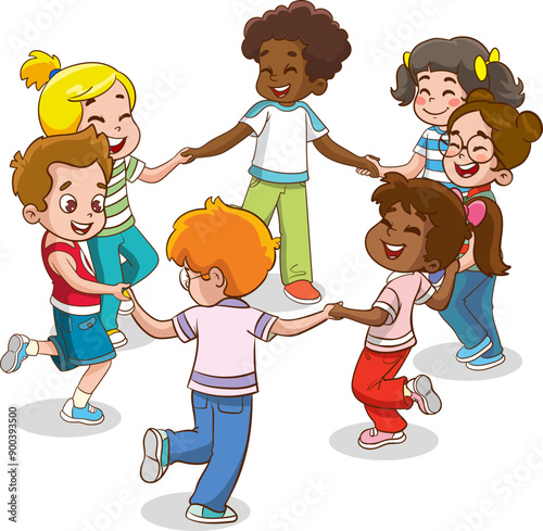 Group of cute happy little children, boys and girls, holding hands and dancing in circle, having fun playing together with smile on their faces.