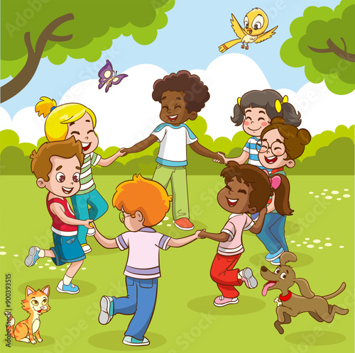 Group of cute happy little children, boys and girls, holding hands and dancing in circle, having fun playing together with smile on their faces.