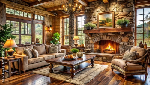 Cozy rustic country living room with plush sofa, stone fireplace, and vintage decorations surrounded by natural wooden accents.