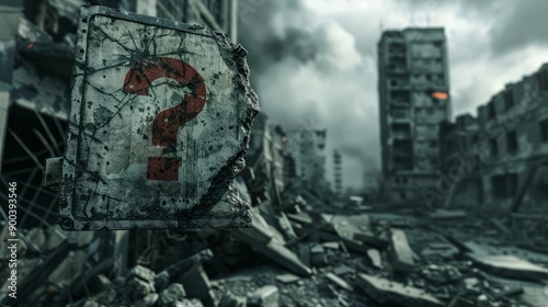 Uncertain future in city ruins. A red question mark on a damaged sign in a desolate, destroyed urban landscape raises questions about the future. photo