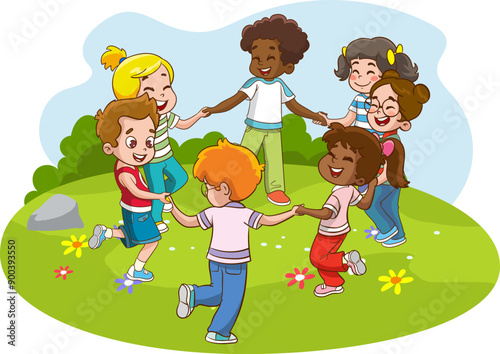 Group of cute happy little children, boys and girls, holding hands and dancing in circle, having fun playing together with smile on their faces.