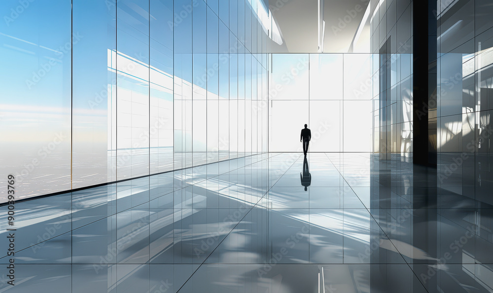 Fototapeta premium Futuristic office hallway with glass walls, reflective floor, walking silhouette, soft lighting, minimalistic