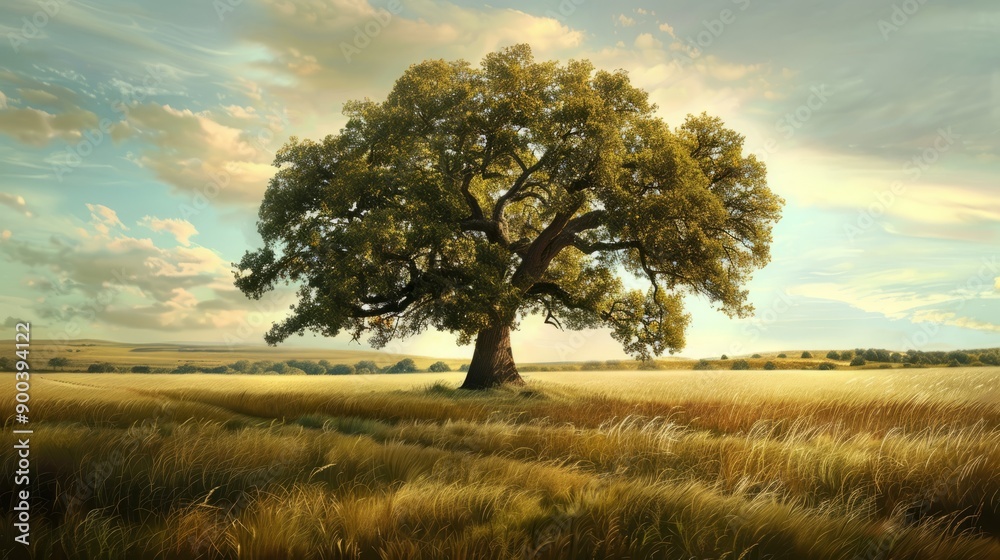 Majestic oak in golden field. Serene landscape with a mighty oak standing tall in a sun-kissed meadow, a timeless symbol of strength and tranquility. Majestic oak in golden field. Serene landscape with a mighty oak standing tall in a sun-kissed meadow, a timeless symbol of strength and tranquility.
