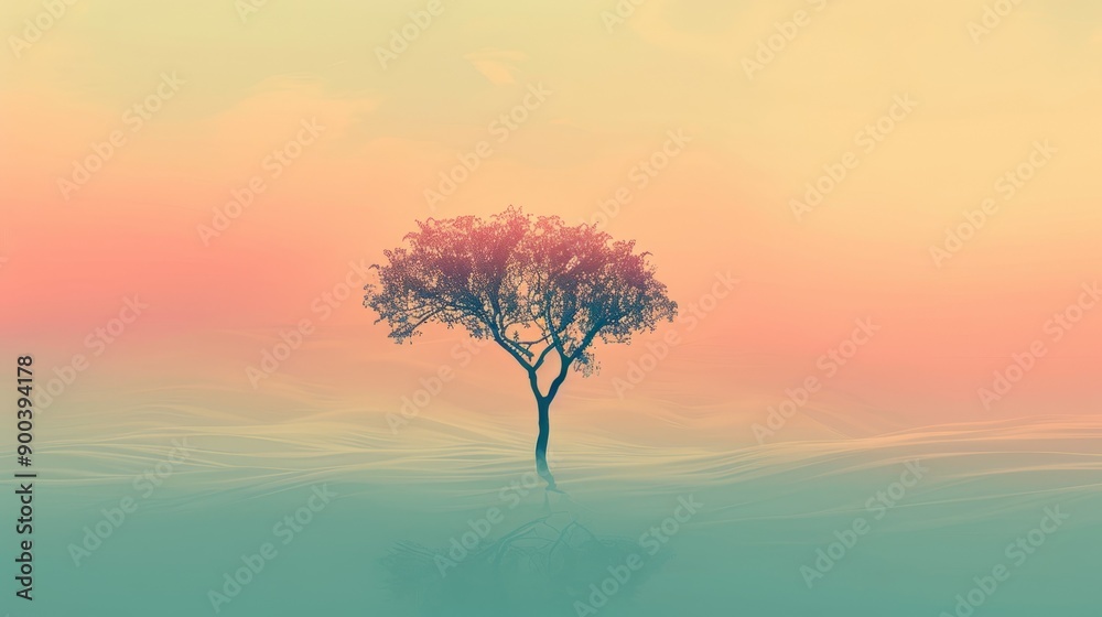 Serene landscape with solitary tree. A tranquil scene with a lone tree standing tall amidst a soft, pastel-colored landscape. Serene landscape with solitary tree. A tranquil scene with a lone tree standing tall amidst a soft, pastel-colored landscape.
