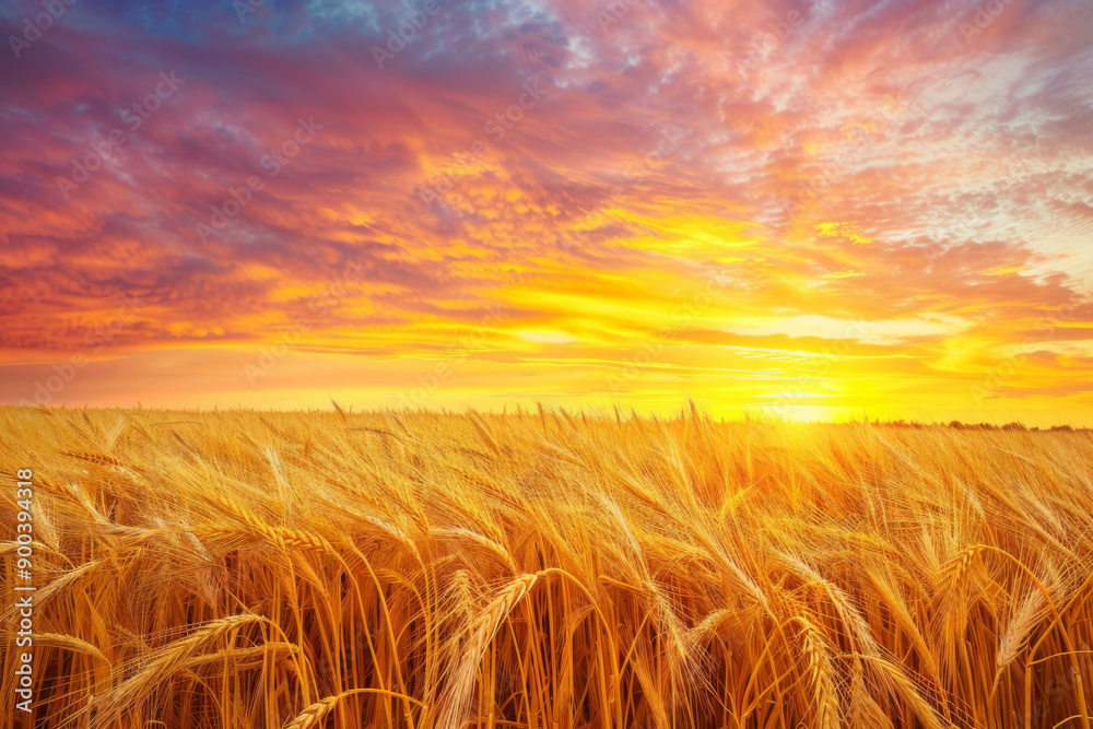 Obraz premium A field of golden wheat swaying in the gentle breeze under a vibrant sunset sky