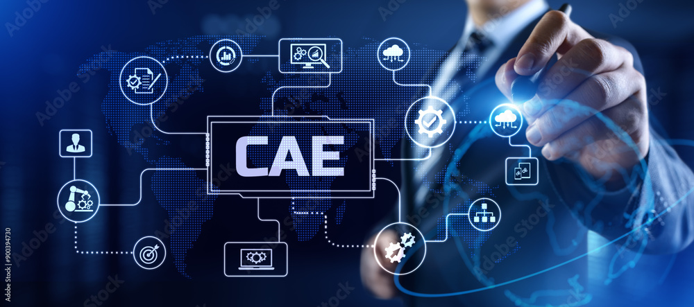 CAE Computer-aided engineering software system concept. Businessman pressing button on screen. CAE Computer-aided engineering software system concept. Businessman pressing button on screen.