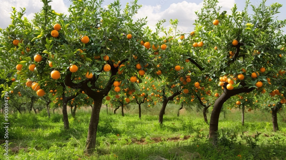 Orange trees in an orchard, their branches laden with clusters of ripe oranges