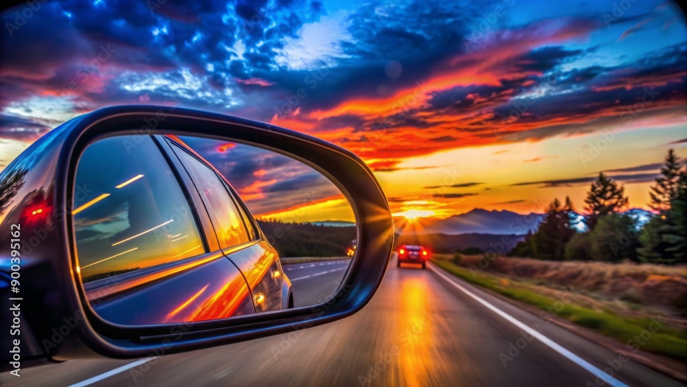 Dramatic rearview mirror reflection of a patrol car's vibrant flashing lights on a darkening highway during a mysterious dusk atmosphere. Dramatic rearview mirror reflection of a patrol car's vibrant flashing lights on a darkening highway during a mysterious dusk atmosphere.