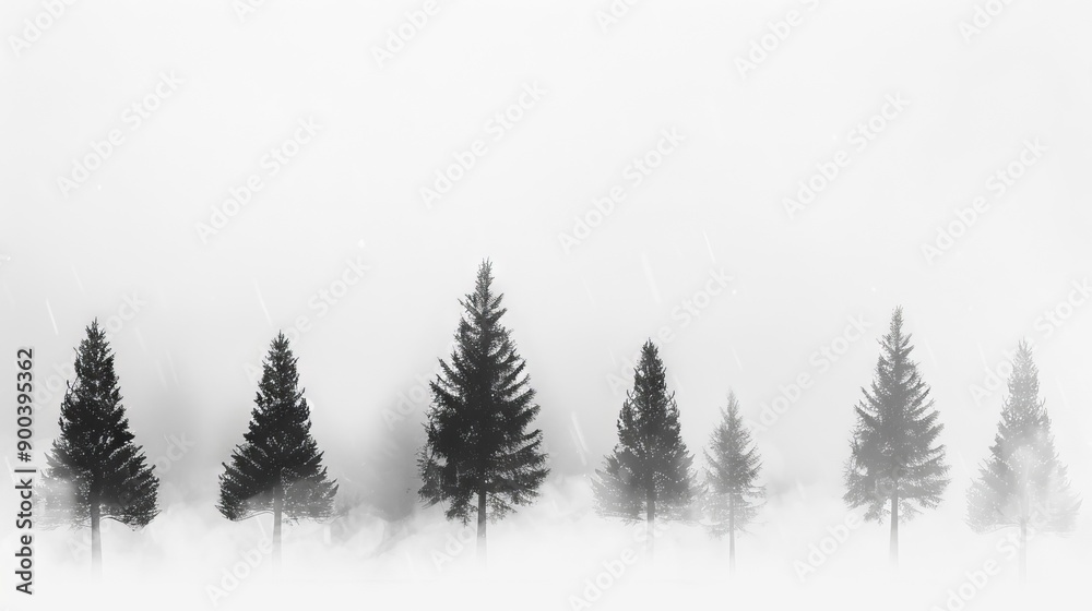 Obraz premium Coniferous trees in misty forest. Black and white panorama of a conifer woodland with fog, evoking tranquility and the ethereal beauty of nature.
