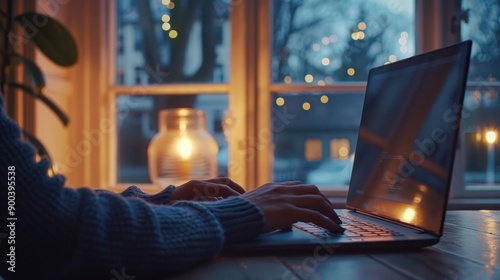 The hands typing by laptop photo