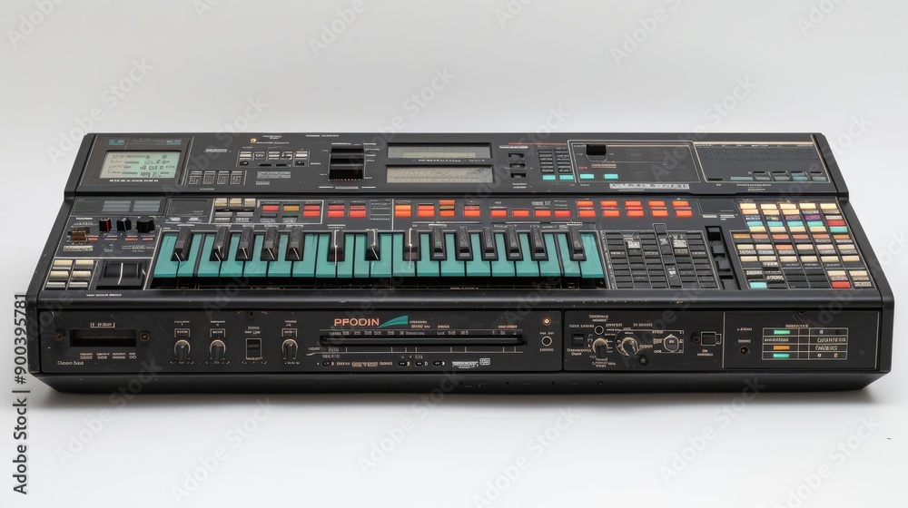 Retro Electronic Keyboard Synthesizer with Digital Display and Control Buttons Retro Electronic Keyboard Synthesizer with Digital Display and Control Buttons