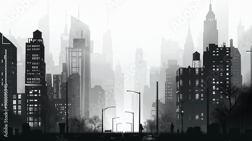Cityscape, Streetlights And People Walking, Background Is White, Black Silhouettes Of Skyscrapers, Style Of Noir Comic