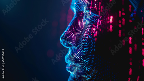 Cybernetic digital face with neon blue and red lights, data streams, glowing particles, high-tech design