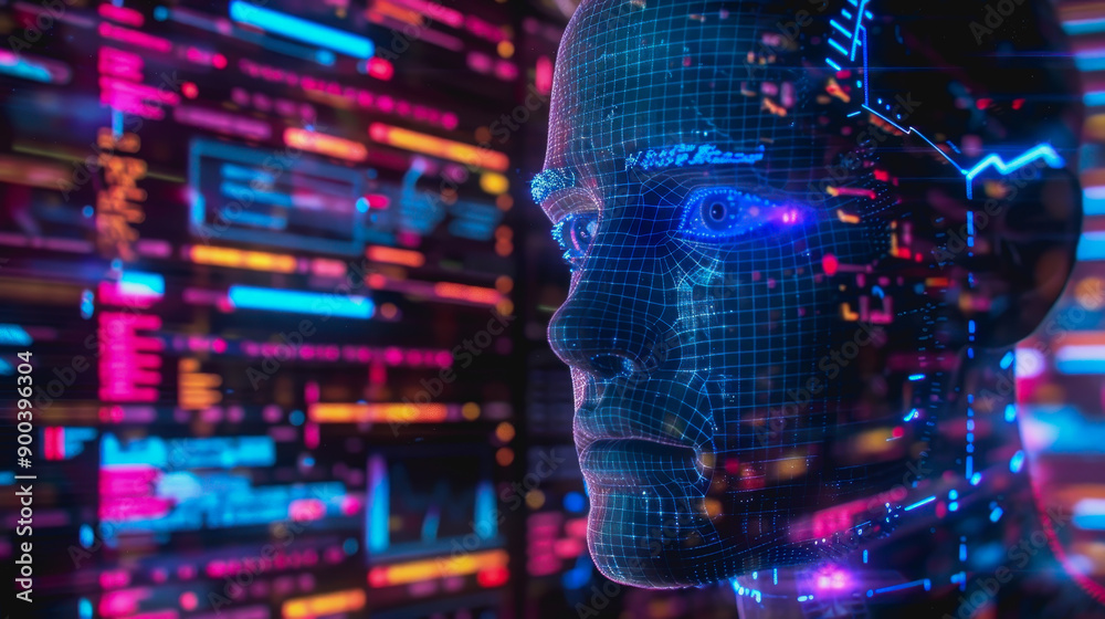 Cybernetic digital face with neon blue and red lights, data streams, glowing particles, high-tech design Cybernetic digital face with neon blue and red lights, data streams, glowing particles, high-tech design