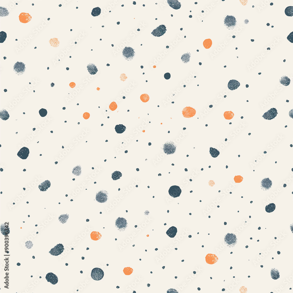 Design a seamless pattern with scattered polka dots in muted colors like grey, navy blue and orange on a white background. Design a seamless pattern with scattered polka dots in muted colors like grey, navy blue and orange on a white background.