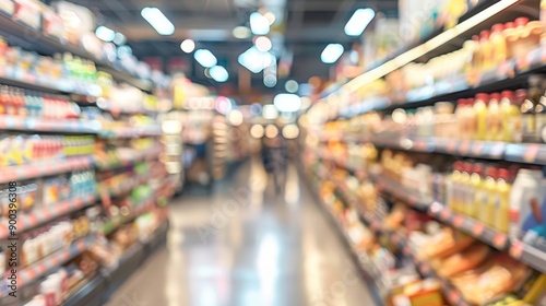 Wallpaper Mural blurred background of an american grocery store with shelves full of products, people walking in the distance, blurred focus on product areas, abstract bokeh background Torontodigital.ca