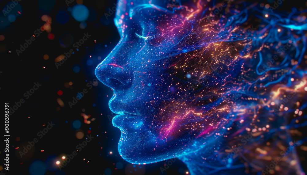 Cyberpunk digital face with neon lights, data streams, glowing particles, high-tech elements, dark background Cyberpunk digital face with neon lights, data streams, glowing particles, high-tech elements, dark background