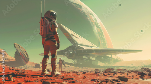 Fototapeta Naklejka Na Ścianę i Meble -  Exploration in a retrofuturistic space suit, uncovering secrets of an abandoned space station.