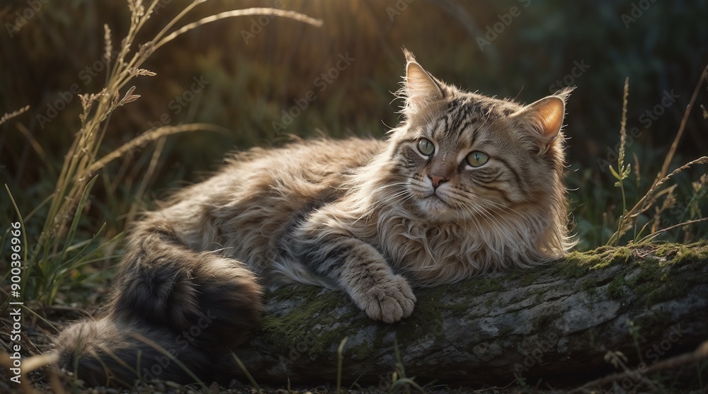 A Maine Coon cat peacefully resting in a sunlit meadow, surrounded by tranquil nature A Maine Coon cat peacefully resting in a sunlit meadow, surrounded by tranquil nature