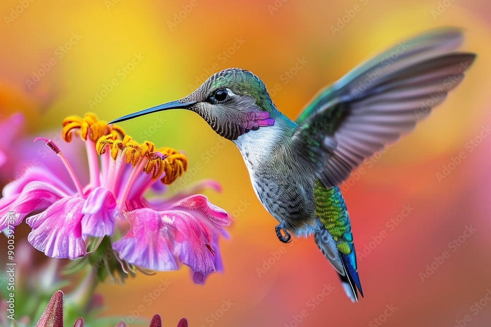 Fototapeta premium Hummingbird flying with Flowers