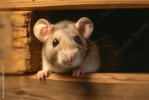 A cute mouse looks out of a wooden box