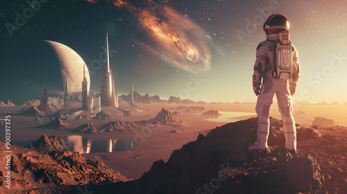 Fototapeta Naklejka Na Ścianę i Meble -  Retrofuturistic astronaut explores abandoned space station, discovering relics from a forgotten era of exploration.