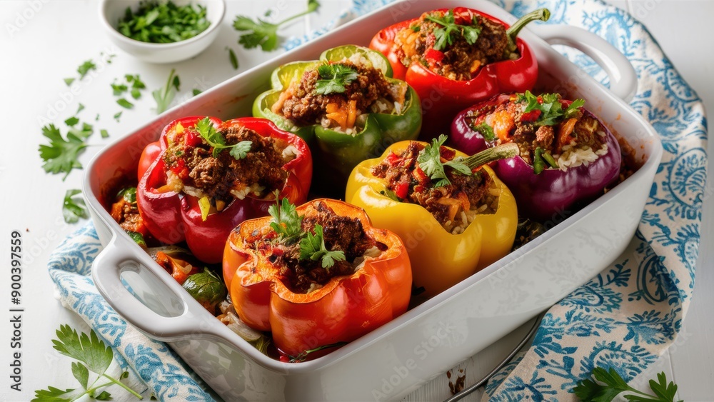 A white casserole dish filled with colorful bell peppers and meat, AI A white casserole dish filled with colorful bell peppers and meat, AI