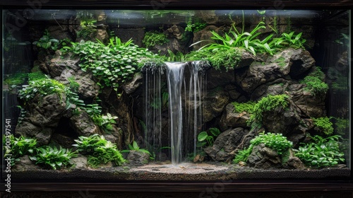 Lush Tropical Terrarium with Waterfall and Rocky Landscape for Home Decoration
