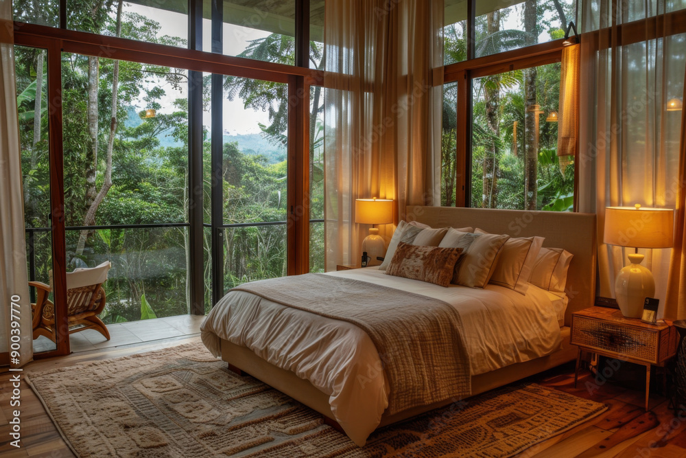 A cozy bedroom with a bed bedside table and large windows overlooking a lush green jungle A cozy bedroom with a bed bedside table and large windows overlooking a lush green jungle